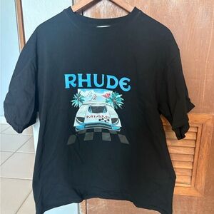 Rhude Black Graphic Tee with Blue Racing Print
